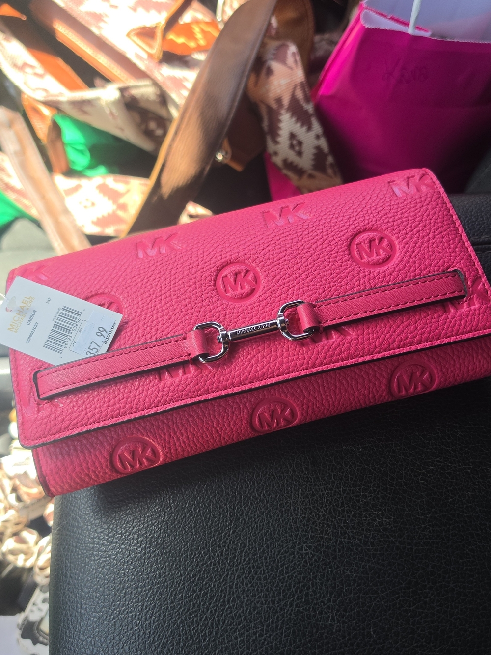 Michael Kors Hot Pink Embossed Leather Continental Wallet with Silver-Tone Bit